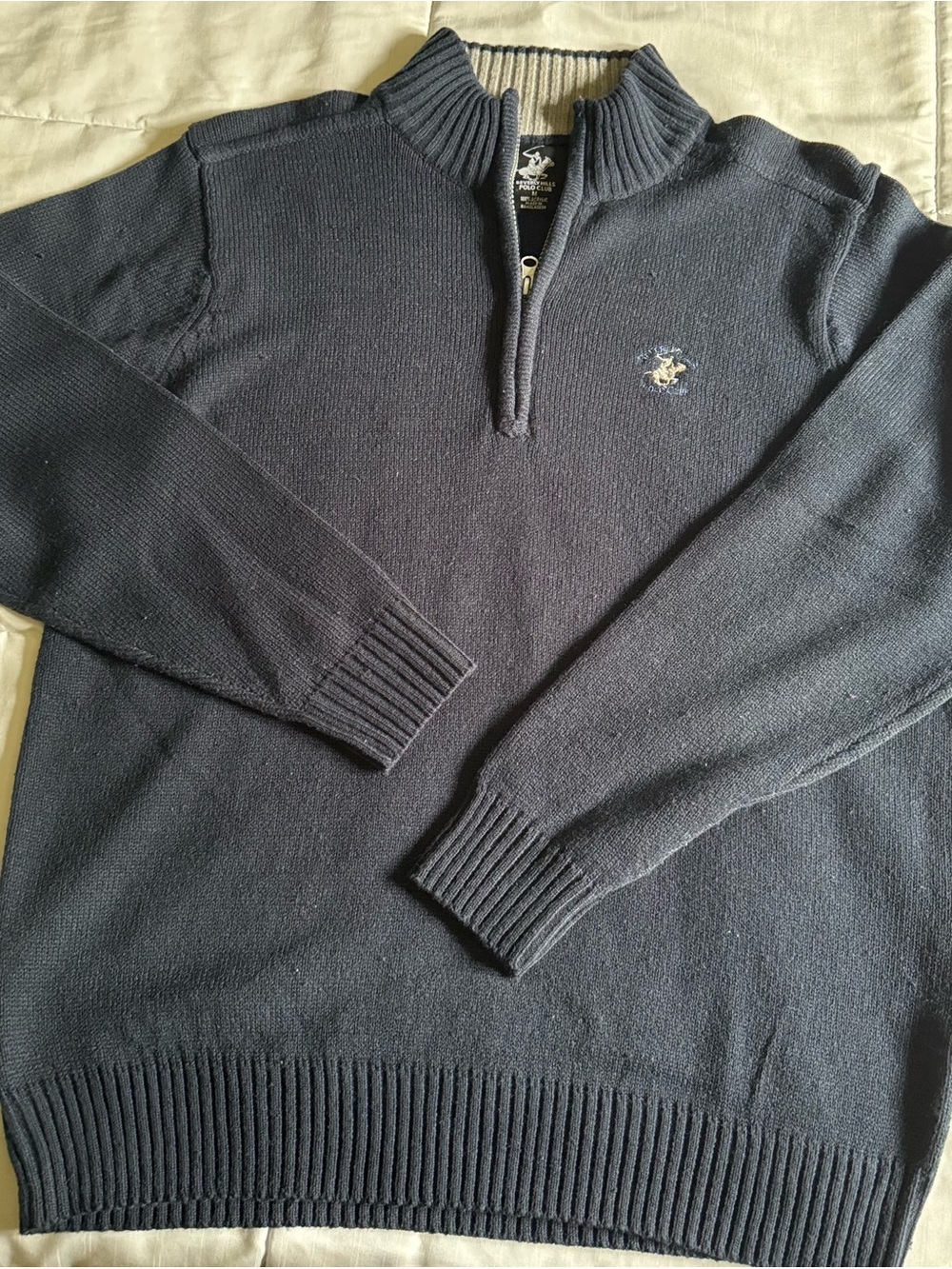 Beverly Hills Polo Club Men's Navy Knit Quarter-Zip Sweater Embroidered Logo L
